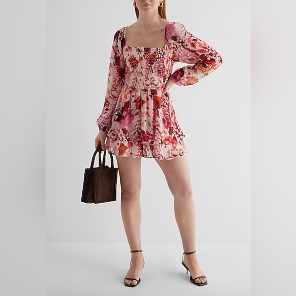 Express Pants - Express Floral Long Sleeve Smocked Romper